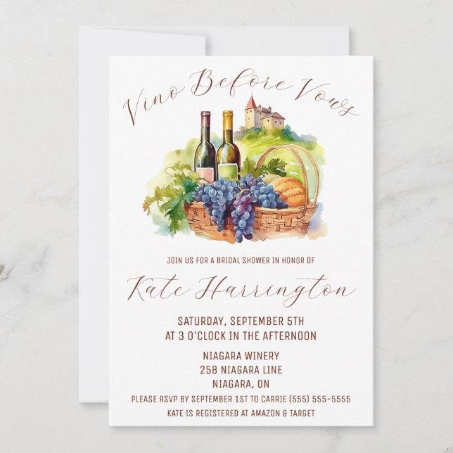 Vino Before Vow, Winery, Chateau Bridal Shower Invitation (Front)