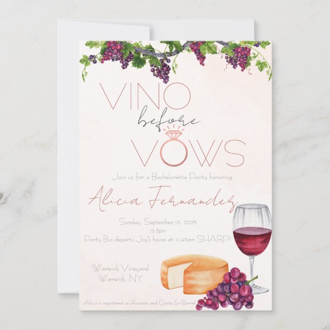 Vino Before Vows Bachelorette / Bridal Party Invitation (Front)