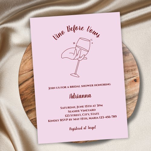 Vino Before Vows Blush Pink Wine Bridal Shower Invitation