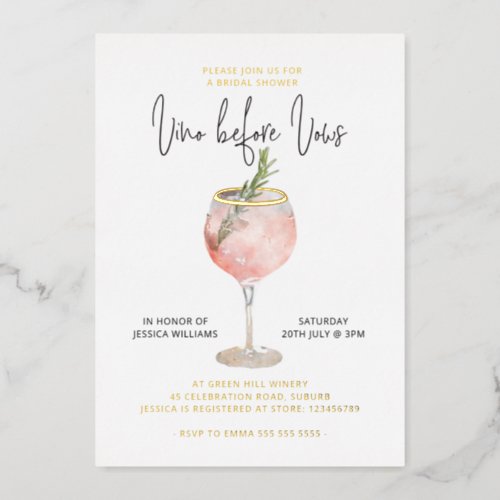 Vino Before Vows Bridal Shower Bachelorette Gold Foil Invitation