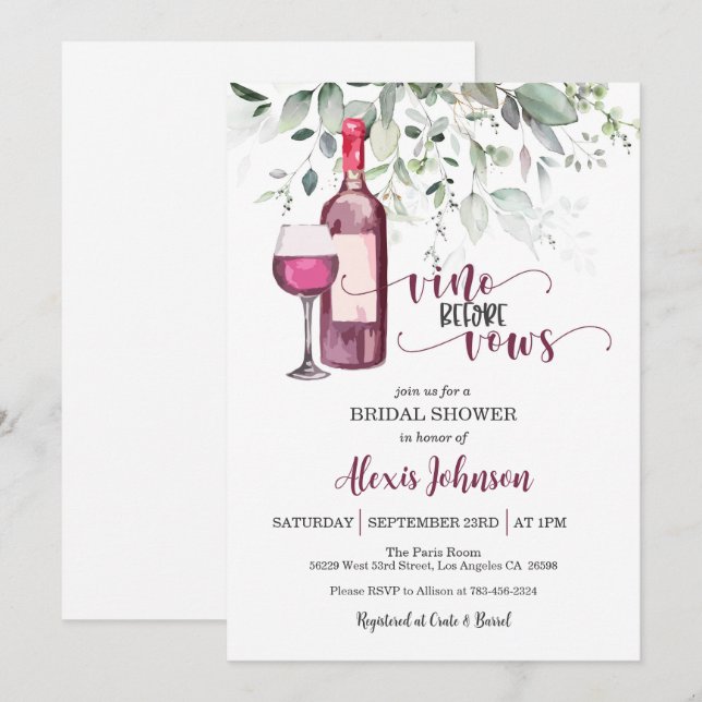 Vino Before Vows Bridal Shower (Red)  Invitation (Front/Back)