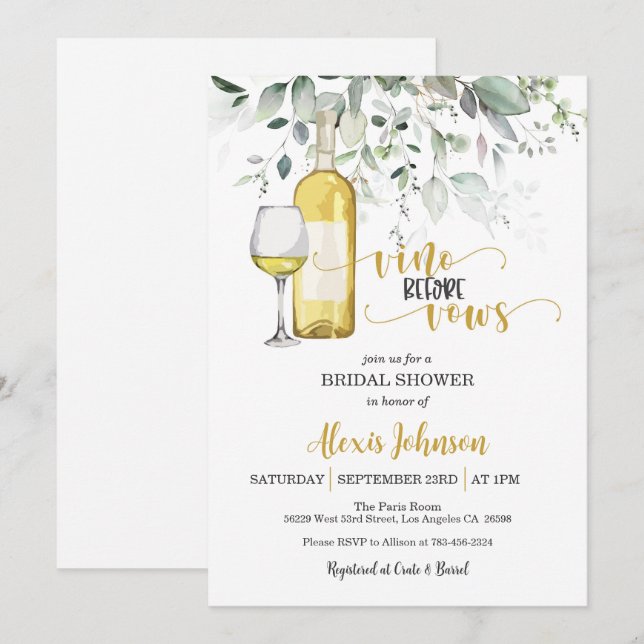 Vino Before Vows Bridal Shower (White)  Invitation (Front/Back)