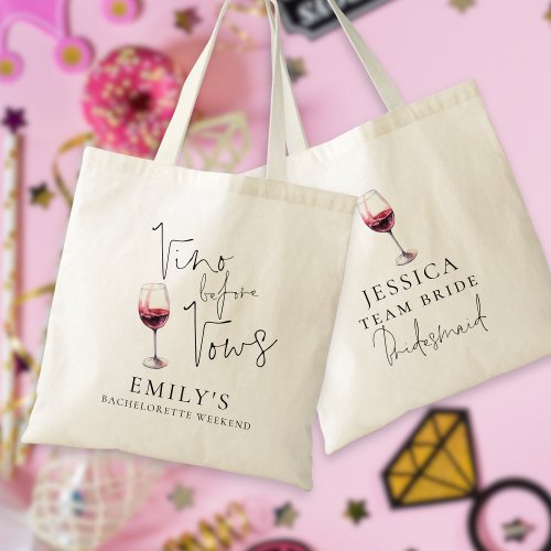 Vino Before Vows Bridesmaid Bachelorette Party Tote Bag