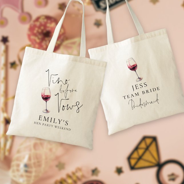 Vino Before Vows Bridesmaid Name Hen Party Weekend Tote Bag (front and back view)