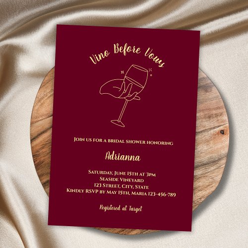 Vino Before Vows Burgundy Wine Bridal Shower Invitation