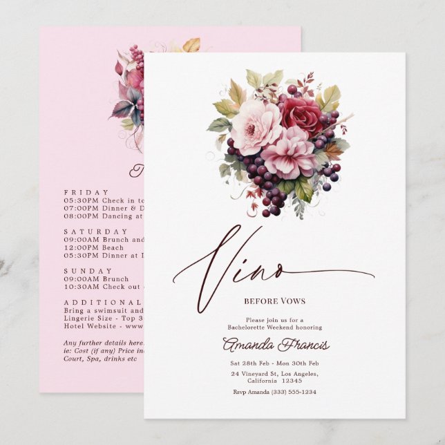 Vino Before Vows Floral Wine Bachelorette Weekend Invitation (Front/Back)