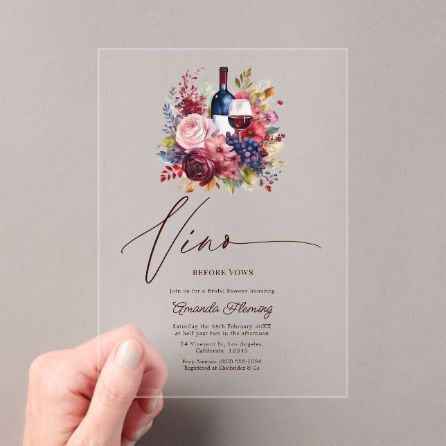 Vino Before Vows Floral Wine Bridal Shower Acrylic Invitations (Insitu (Handheld))