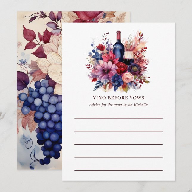 Vino Before Vows Floral Wine Bridal Shower Advice Card (Front/Back)