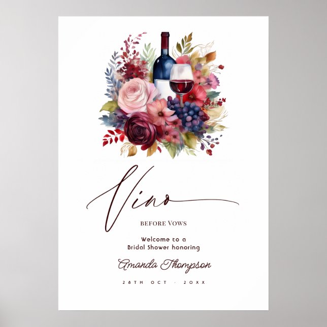 Vino Before Vows Floral Wine Bridal Shower Welcome Poster (Front)