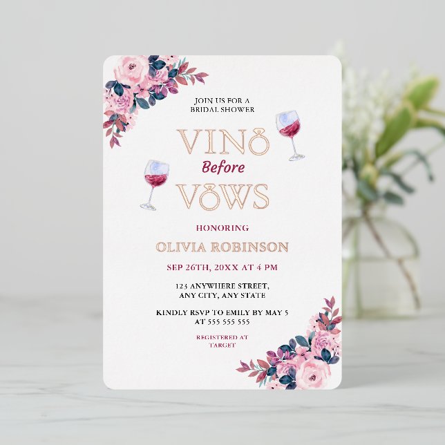 Vino Before Vows Floral Wine Theme Bridal Shower Foil Invitation (Standing Front)