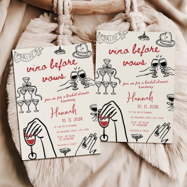 Vino Before Vows Hand Drawn Red Bridal Shower Invitation (vino before vows bridal shower invitation, hand drawn, whimsical)