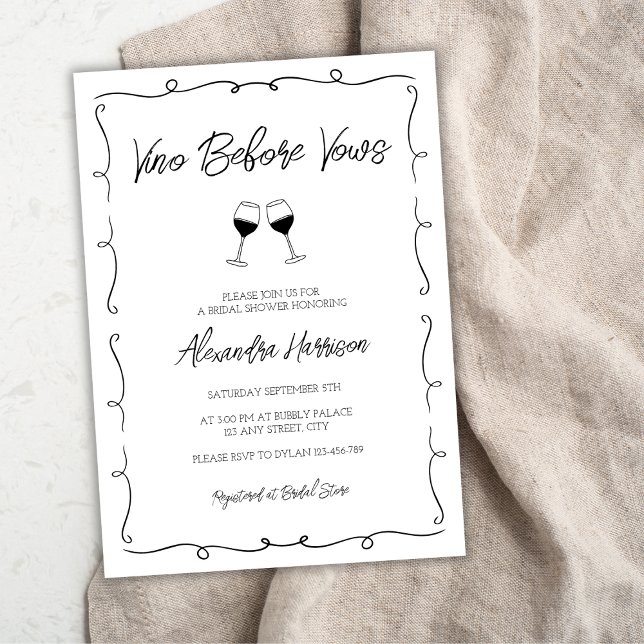 Vino Before Vows Hand Drawn Scripple Bridal Shower Invitation (Vino Before Vows Hand Drawn Scripple Bridal Shower Invitation)