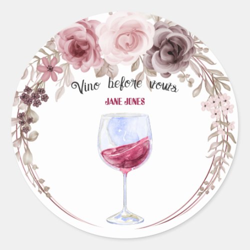 Vino before vows maroon and pink bridal shower classic round sticker
