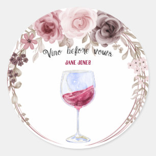 Vino before vows maroon and pink bridal shower classic round sticker