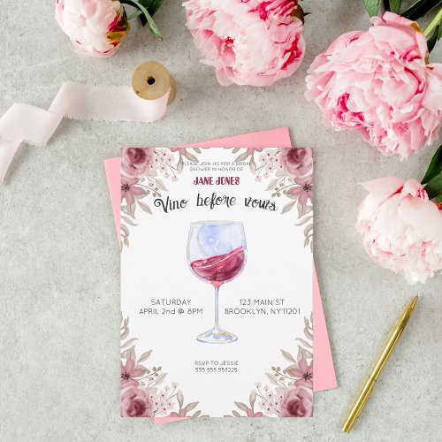 Vino before vows maroon and pink bridal shower invitation