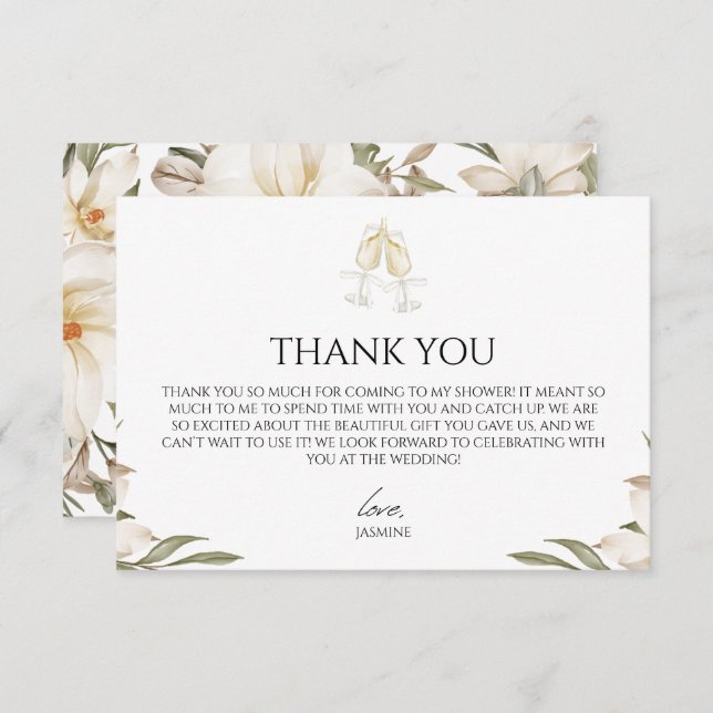 Vino before Vows Modern White Floral Bridal Shower Thank You Card (Front/Back)