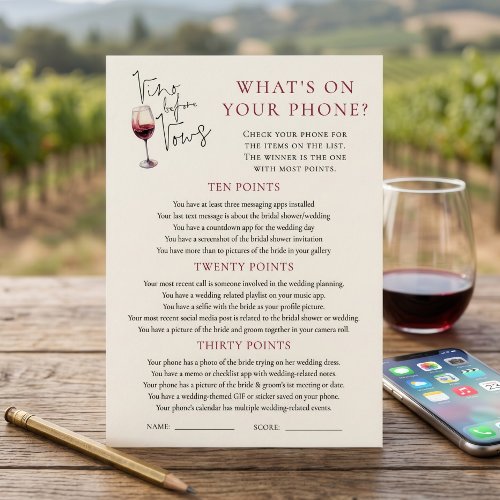 Vino Before Vows Phone Game Bridal Shower card