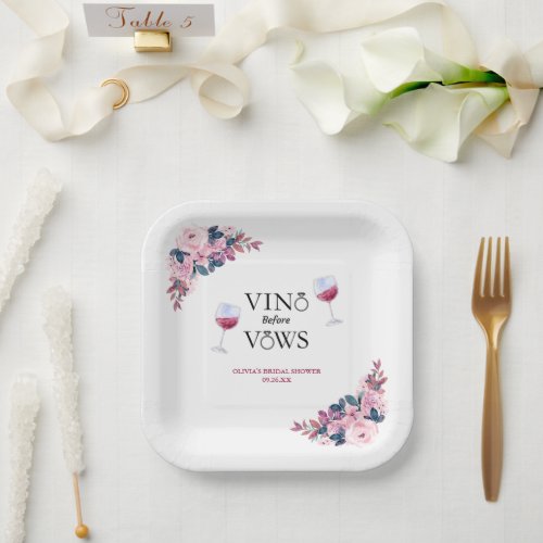 Vino Before Vows Pink Floral Bridal Shower Paper Plates