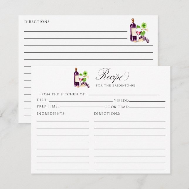 Vino Before Vows Recipe Card Bridal Shower Insert (Front/Back)