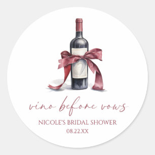 Vino Before Vows Red Wine Bottle Bow Bridal Shower Classic Round Sticker