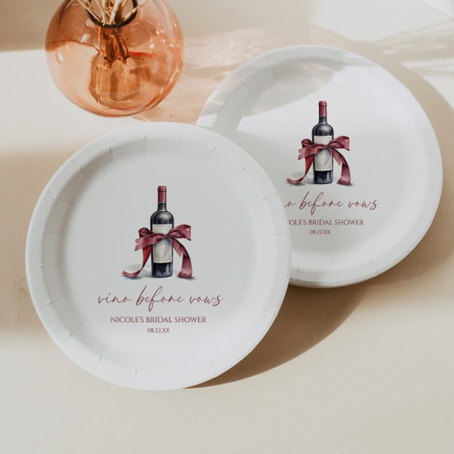 Vino Before Vows Red Wine Bottle Bow Bridal Shower Paper Plates (Creator Uploaded)