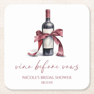 Vino Before Vows Red Wine Bottle Bow Bridal Shower Square Paper Coaster
