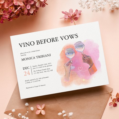 Vino Before Vows Vibrant Pink Orange Bridal Shower Invitation