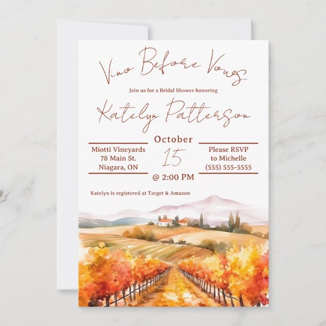 Vino Before Vows, Vineyard Bridal Shower Invitation (Front)