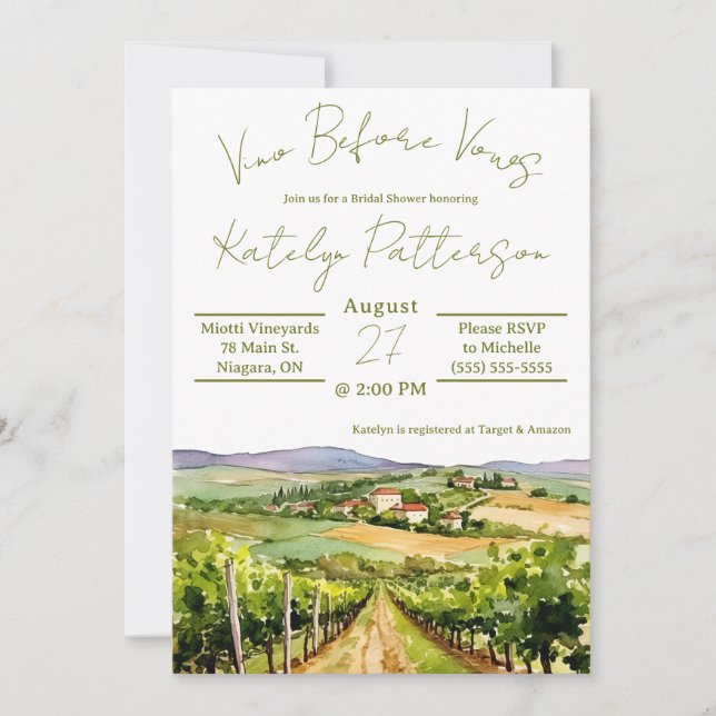 Vino Before Vows, Vineyard Bridal Shower Invitation (Front)