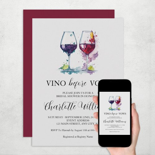 Vino Before Vows Watercolor Bridal Shower Invitation