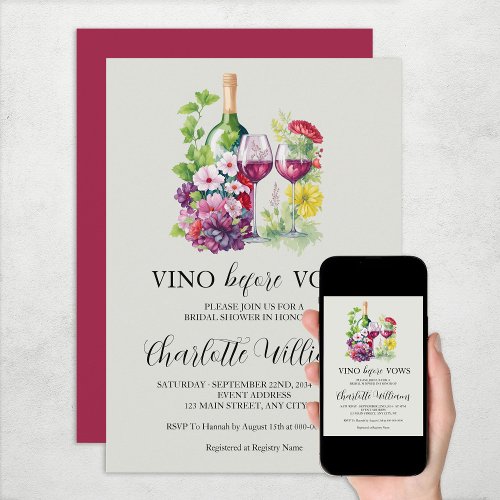 Vino Before Vows Watercolor Wine Bridal Shower Invitation
