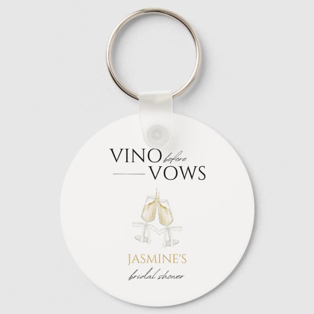 Vino before Vows White Floral Bridal Shower Favor Keychain (Front)