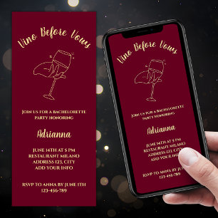 Vino Before Vows Wine Burgundy Golden Bachelorette Invitation