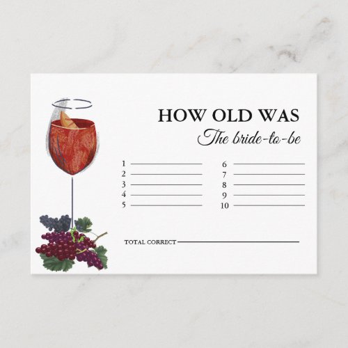 Vino before vows Wine  How Old Was the Bride  Game Enclosure Card