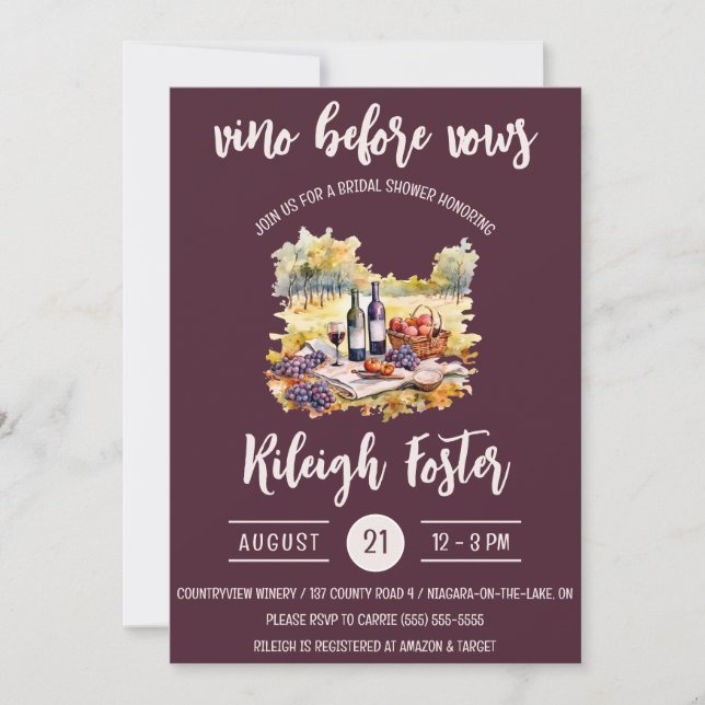 Vino Before Vows, Wine, Picnic, Bridal Shower Invitation (Front)