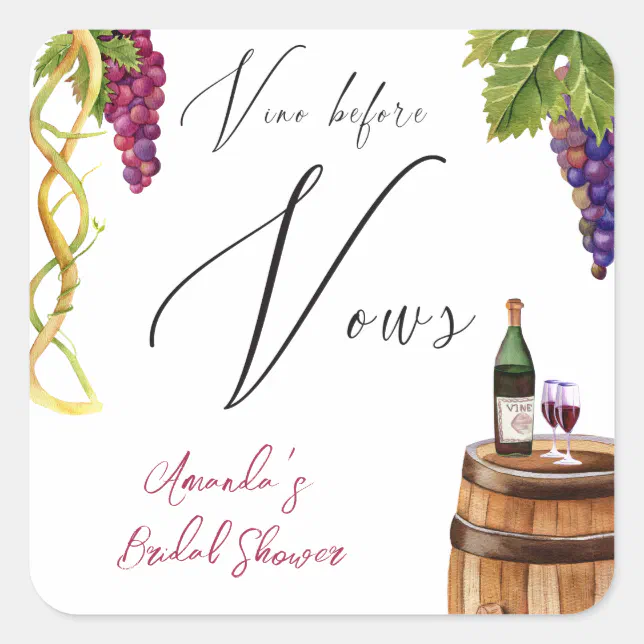 Vino Before Vows Winery Bridal Shower Decor Square Sticker | Zazzle