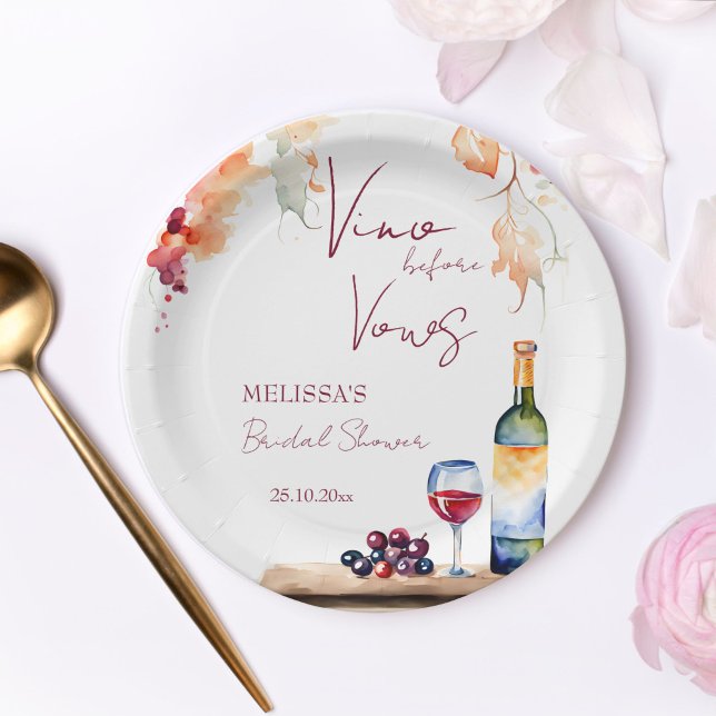 Vino before vows winery bridal shower printed paper plates (Vino before vows winery vineyard wine bridal shower printed paper plates personalized table decor)