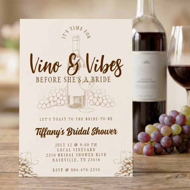 Vino & Vibes Brown Bridal Shower Invitation (Creator Uploaded)