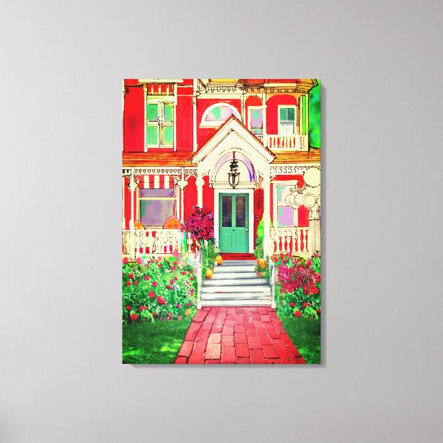 Vintae Red Victorian House Trees Flowers Canvas Print (Front)