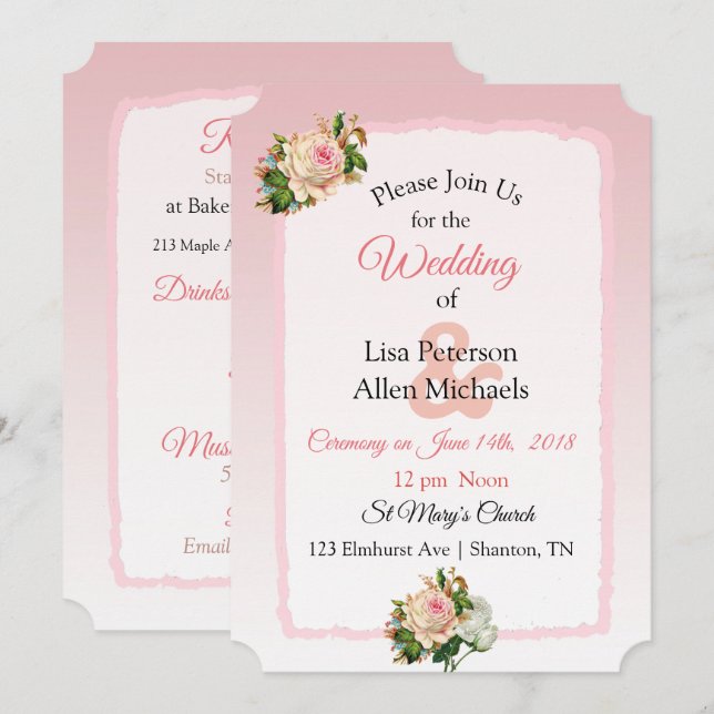 Vintag Rose Pink Striped Floral Wedding Invitation (Front/Back)