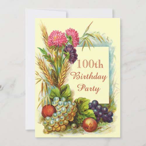 Vintage 100th Birthday Colorful Fruits  Flowers Invitation