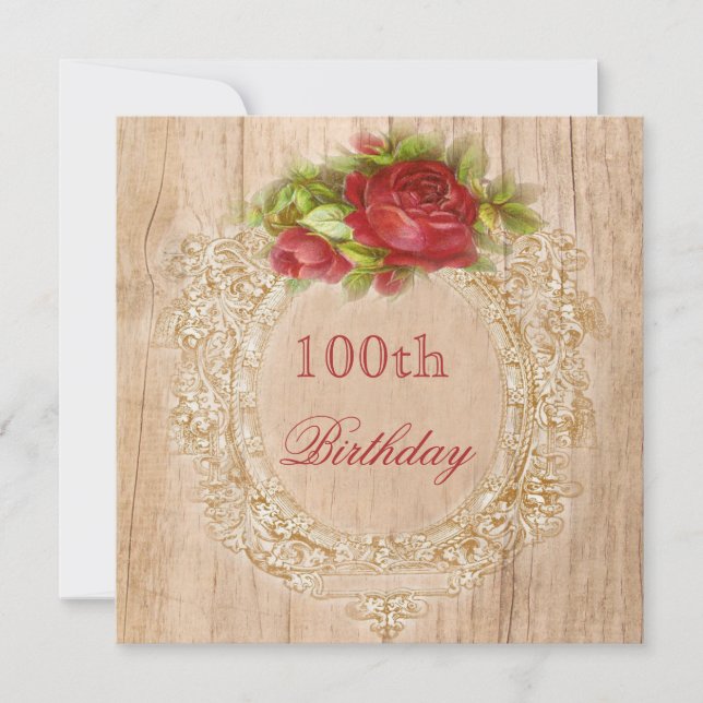 Vintage 100th Birthday Red Rose Wooden Frame Invitation (Front)