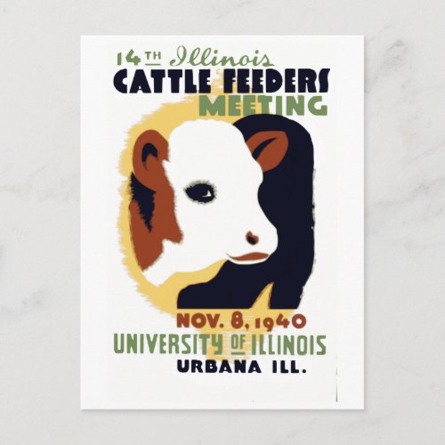 Vintage 14th Illinois Cattle Feeders Meeting WPA Postcard