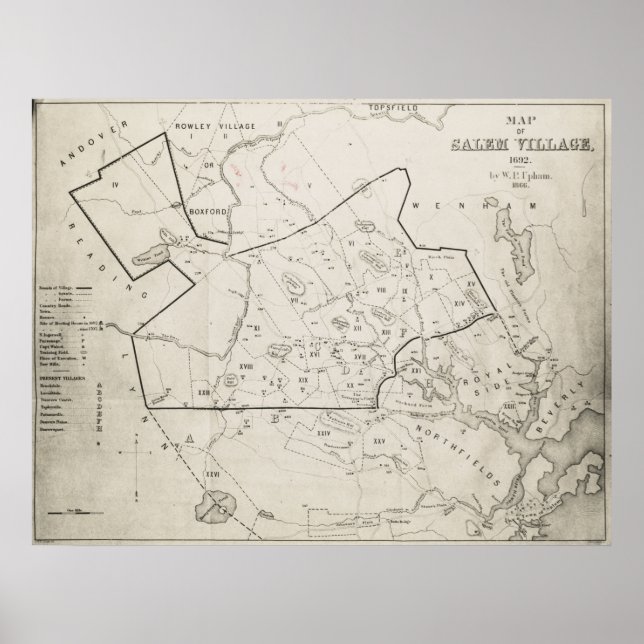 Vintage 1692 Map of Salem MA Village (1866) Poster (Front)
