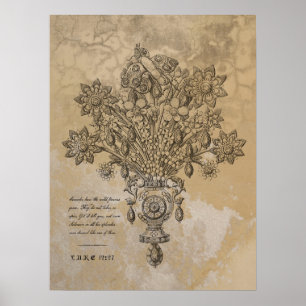 VINTAGE 16TH CENTURY BOTANICAL FLOWER SCRIPTURE POSTER