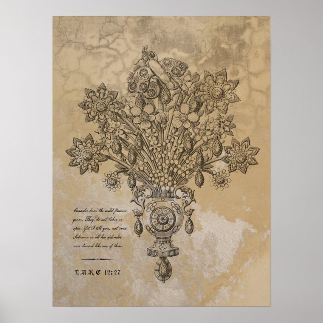 VINTAGE 16TH CENTURY BOTANICAL FLOWER SCRIPTURE POSTER (Front)