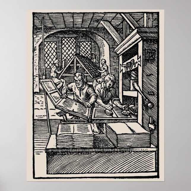 Vintage 16th century letterpress hand press poster (Front)