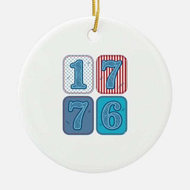 Vintage 1776 Patriotic Patchwork Ceramic Ornament (Front)