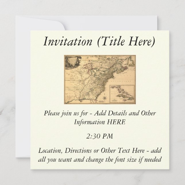 Vintage 1777 American Colonies Map by Phelippeaux Invitation (Front)