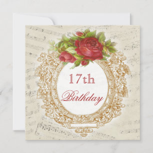 Vintage 17th Birthday Red Rose Frame Music Sheet Invitation